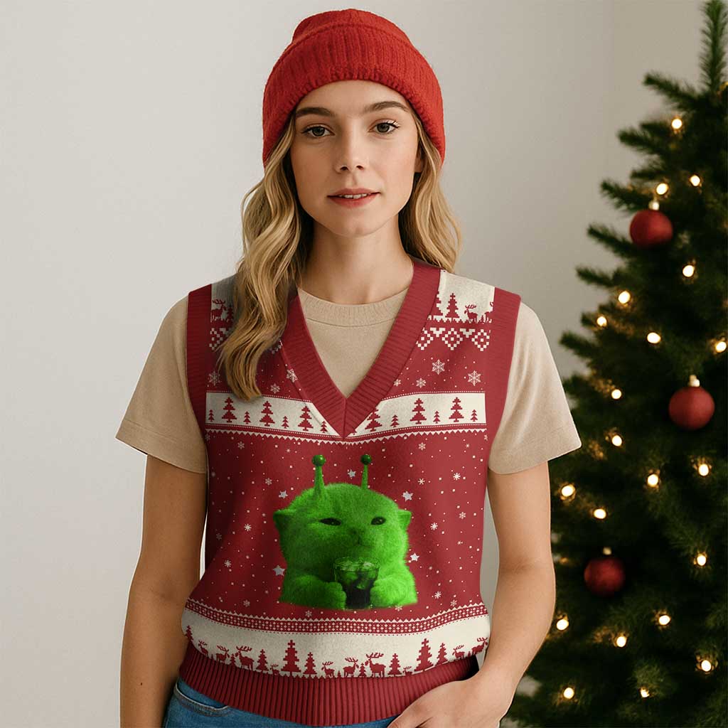 Funny Alien Cat Meme V-Neck Knit Sweater Vest Funny Kitten 90s Retro Vintage Graphic Weird Cats Y2k - Wonder Print Shop