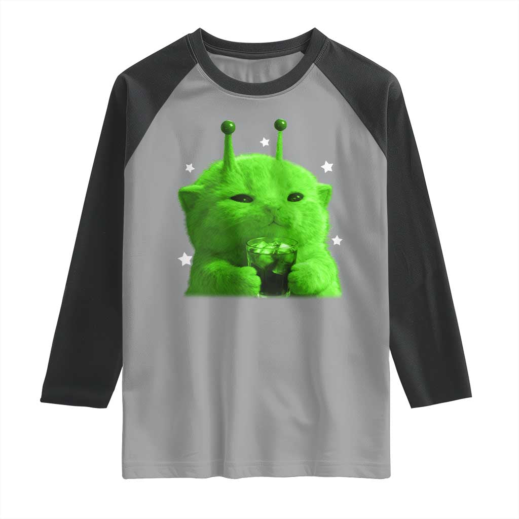 Funny Alien Cat Meme Raglan Shirt Funny Kitten 90s Retro Vintage Graphic Weird Cats Y2k - Wonder Print Shop