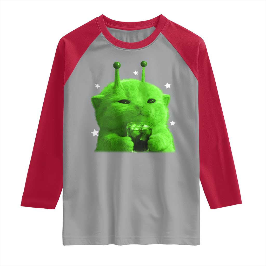 Funny Alien Cat Meme Raglan Shirt Funny Kitten 90s Retro Vintage Graphic Weird Cats Y2k - Wonder Print Shop