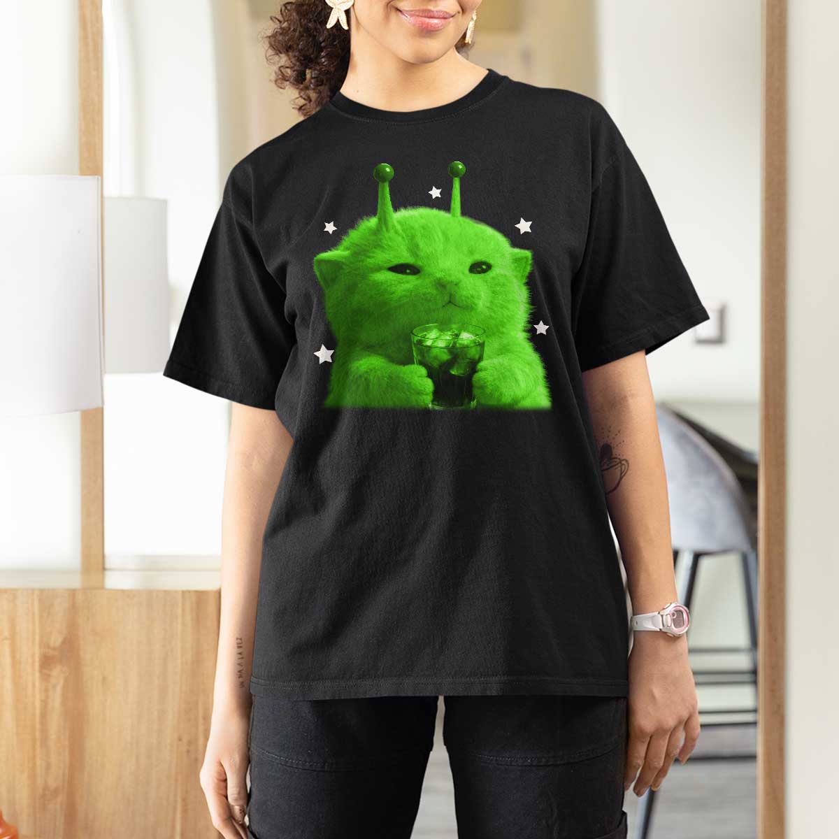 Funny Alien Cat Meme T Shirt For Women Funny Kitten 90s Retro Vintage Graphic Weird Cats Y2k - Wonder Print Shop