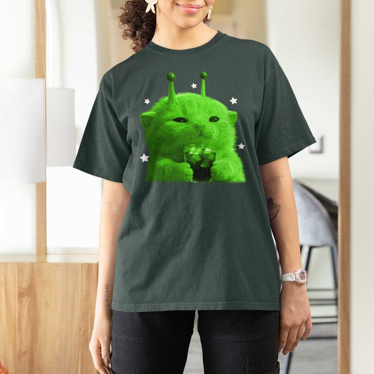 Funny Alien Cat Meme T Shirt For Women Funny Kitten 90s Retro Vintage Graphic Weird Cats Y2k - Wonder Print Shop