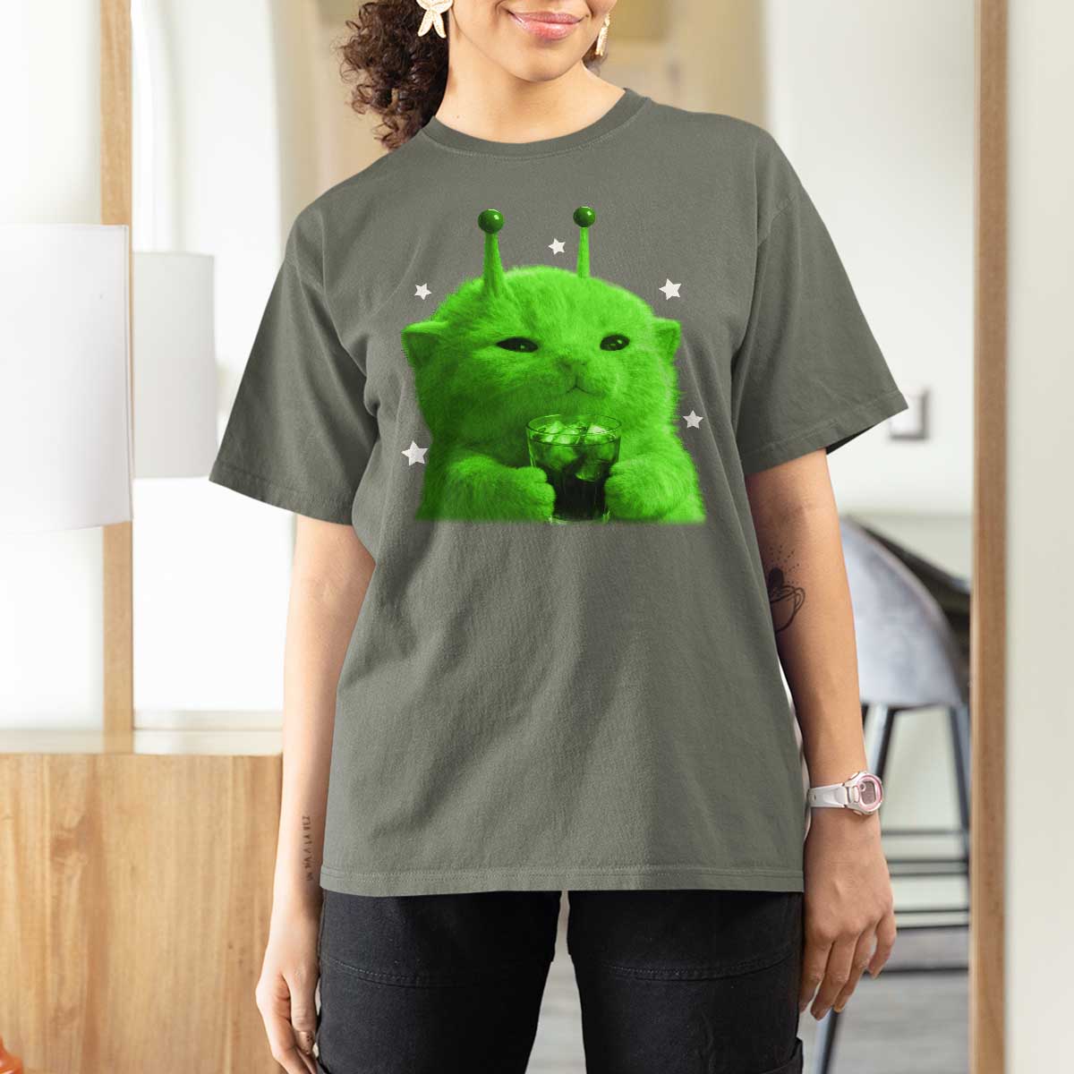 Funny Alien Cat Meme T Shirt For Women Funny Kitten 90s Retro Vintage Graphic Weird Cats Y2k - Wonder Print Shop