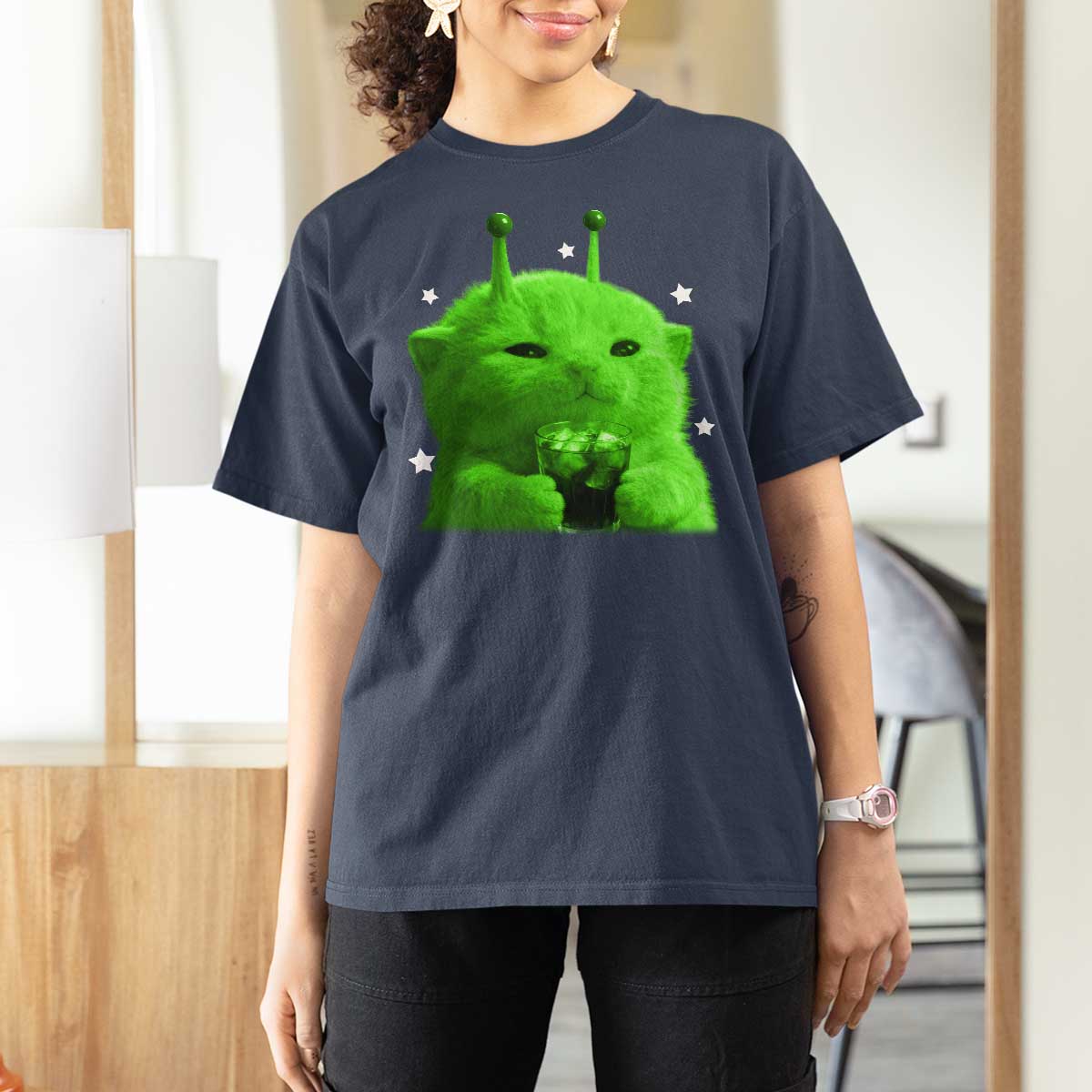 Funny Alien Cat Meme T Shirt For Women Funny Kitten 90s Retro Vintage Graphic Weird Cats Y2k - Wonder Print Shop