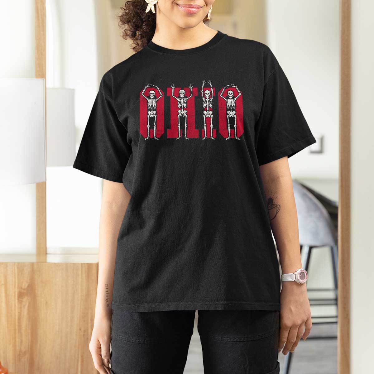 O-H-I-O State T Shirt For Women Funny Skeletons Ohio Vintage Halloween Team - Wonder Print Shop