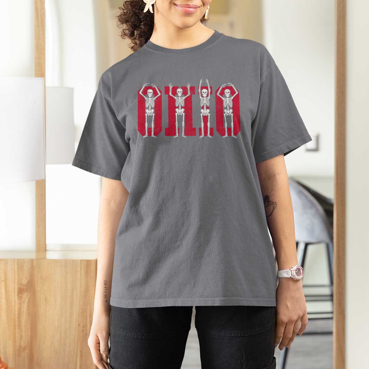 O-H-I-O State T Shirt For Women Funny Skeletons Ohio Vintage Halloween Team - Wonder Print Shop