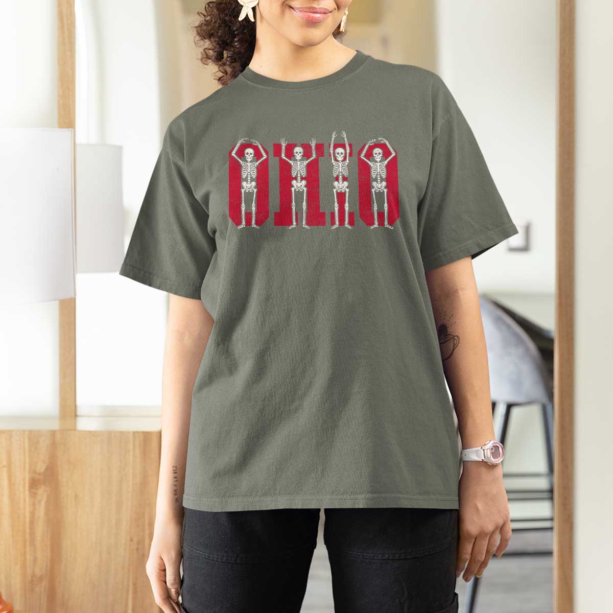 O-H-I-O State T Shirt For Women Funny Skeletons Ohio Vintage Halloween Team - Wonder Print Shop