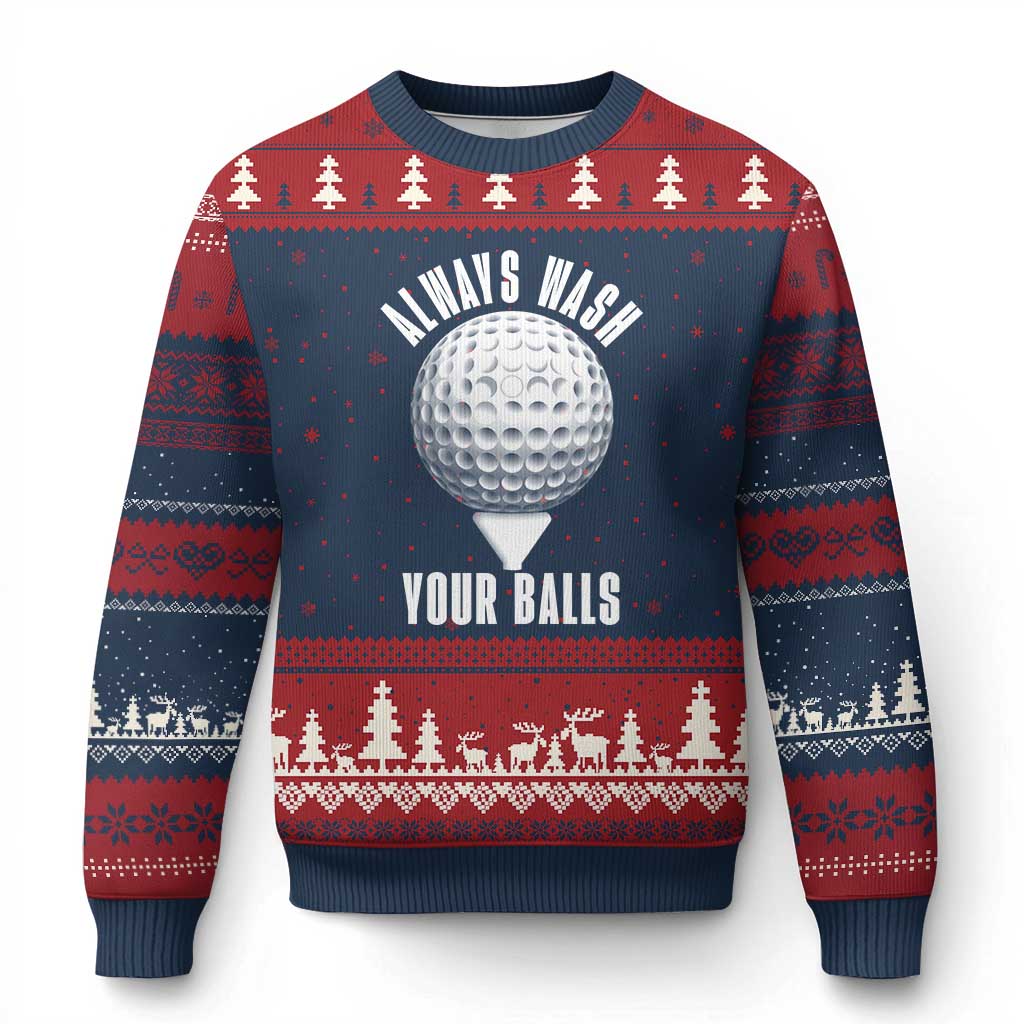 Funny Golf Ugly Christmas Sweater Always Wash Your Balls Meme - Wonder Print Shop