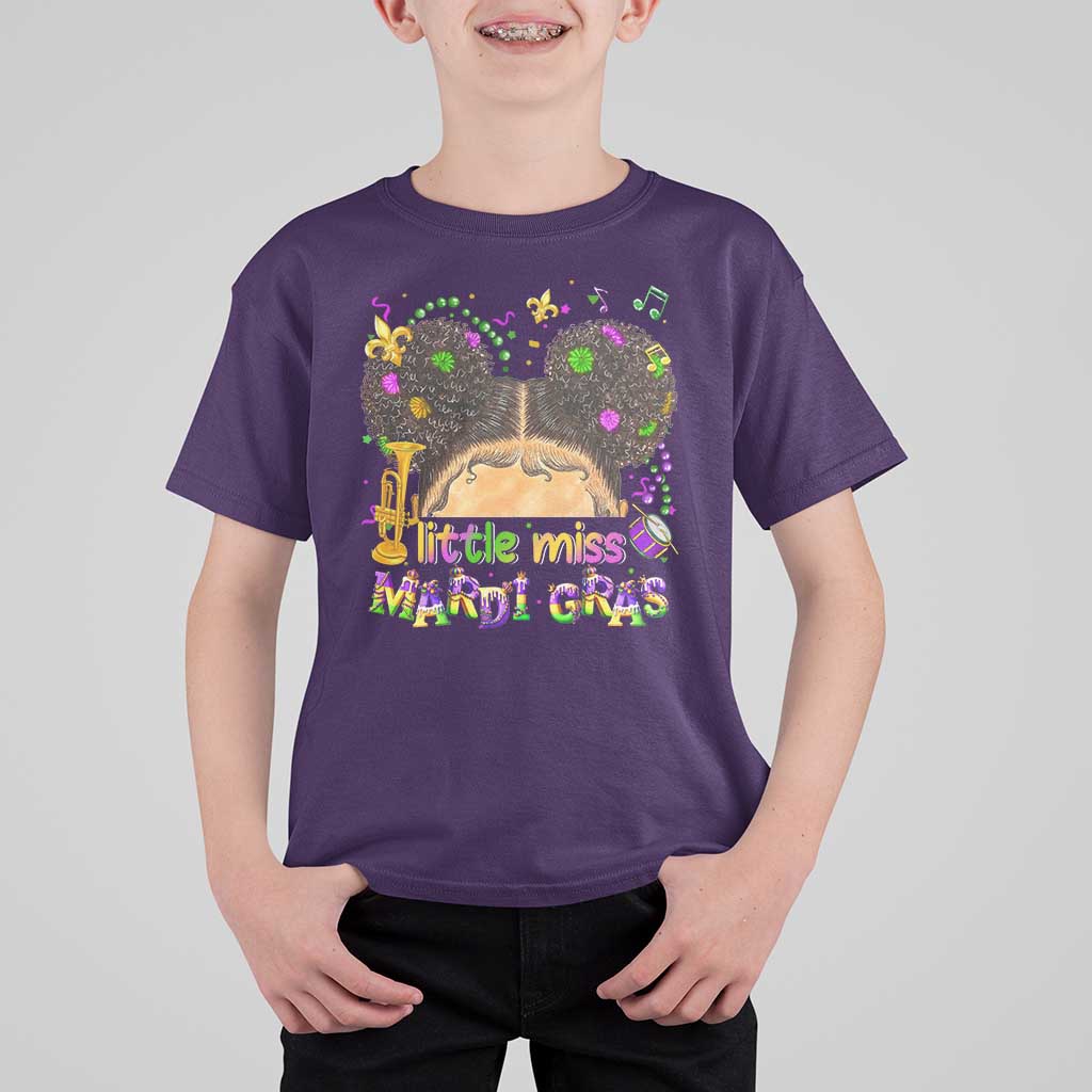 Little Miss Mardi Gras Afro Messy Bun Girls T Shirt For Kid