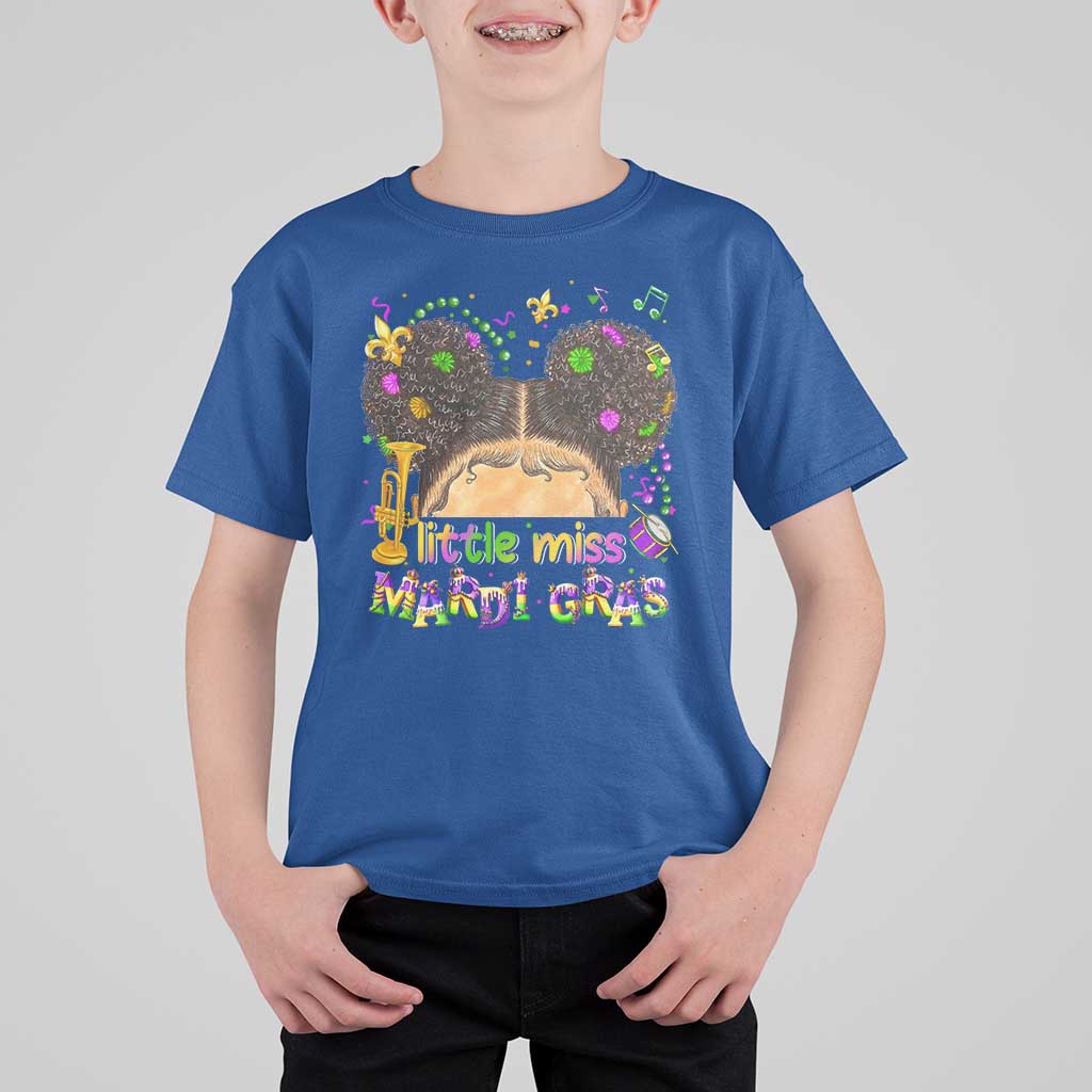 Little Miss Mardi Gras Afro Messy Bun Girls T Shirt For Kid