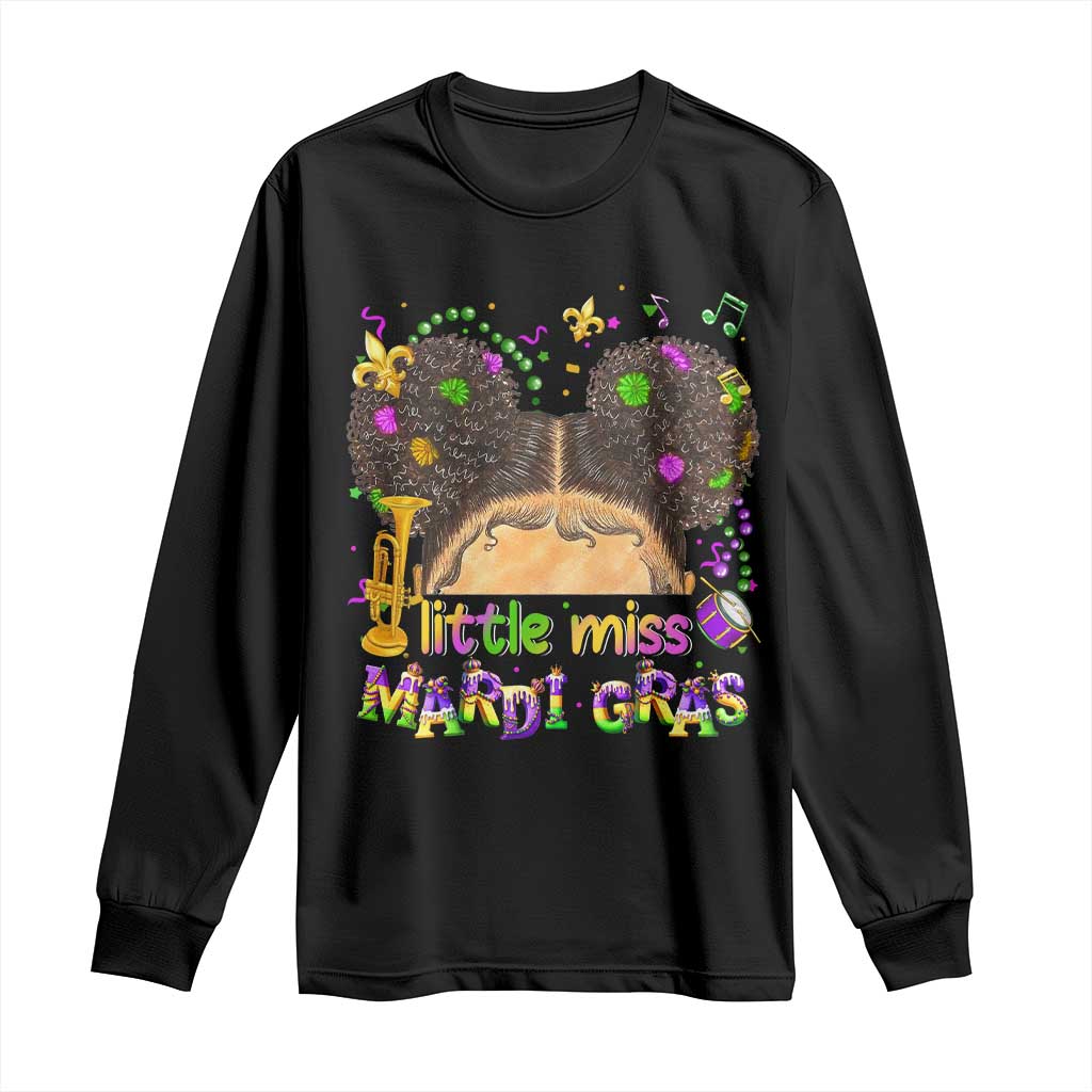 Little Miss Mardi Gras Afro Messy Bun Girls Long Sleeve Shirt