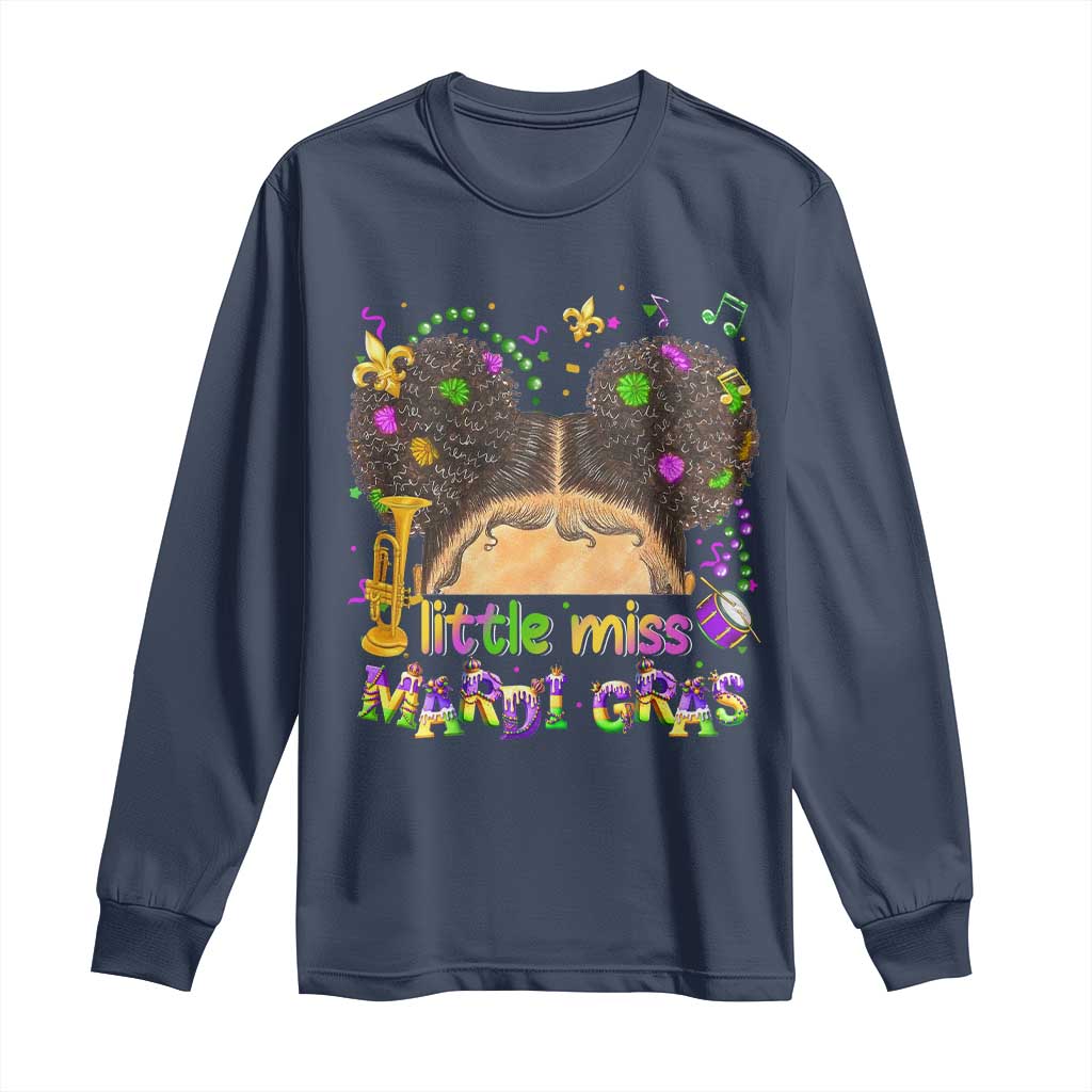 Little Miss Mardi Gras Afro Messy Bun Girls Long Sleeve Shirt