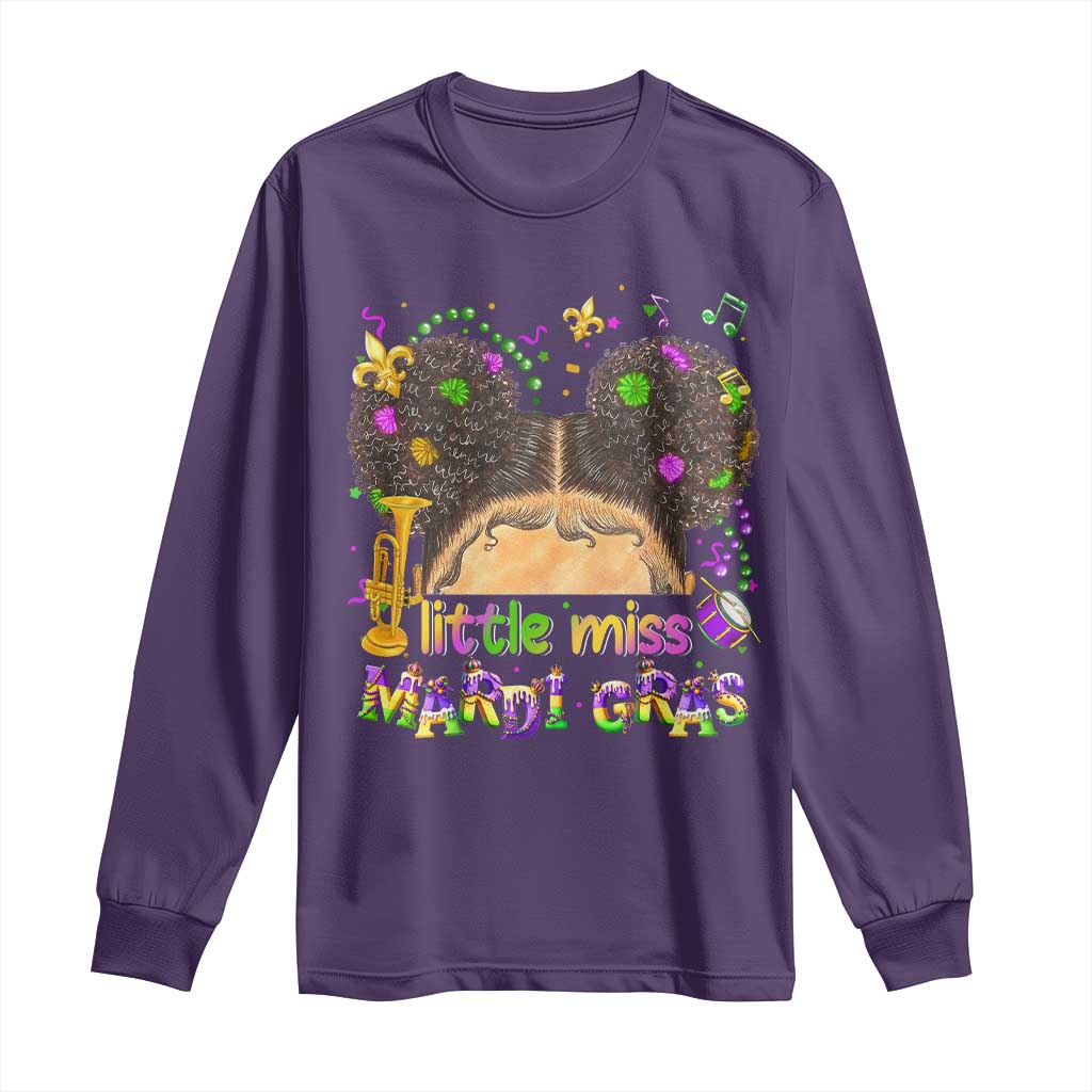 Little Miss Mardi Gras Afro Messy Bun Girls Long Sleeve Shirt