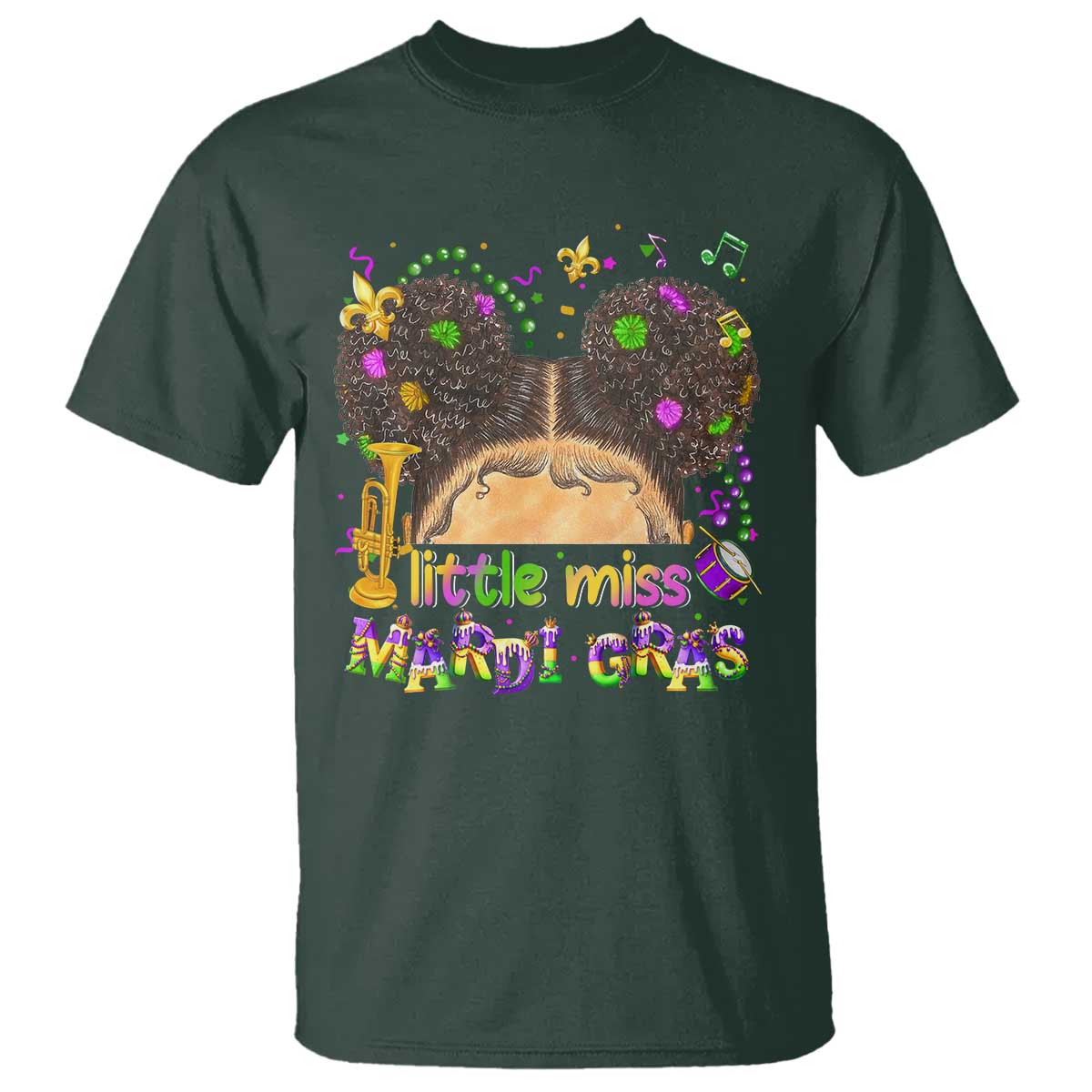 Little Miss Mardi Gras Afro Messy Bun Girls T Shirt