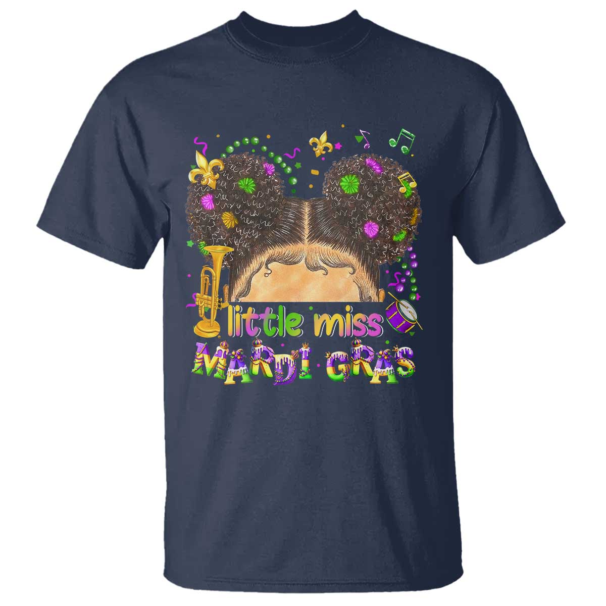 Little Miss Mardi Gras Afro Messy Bun Girls T Shirt