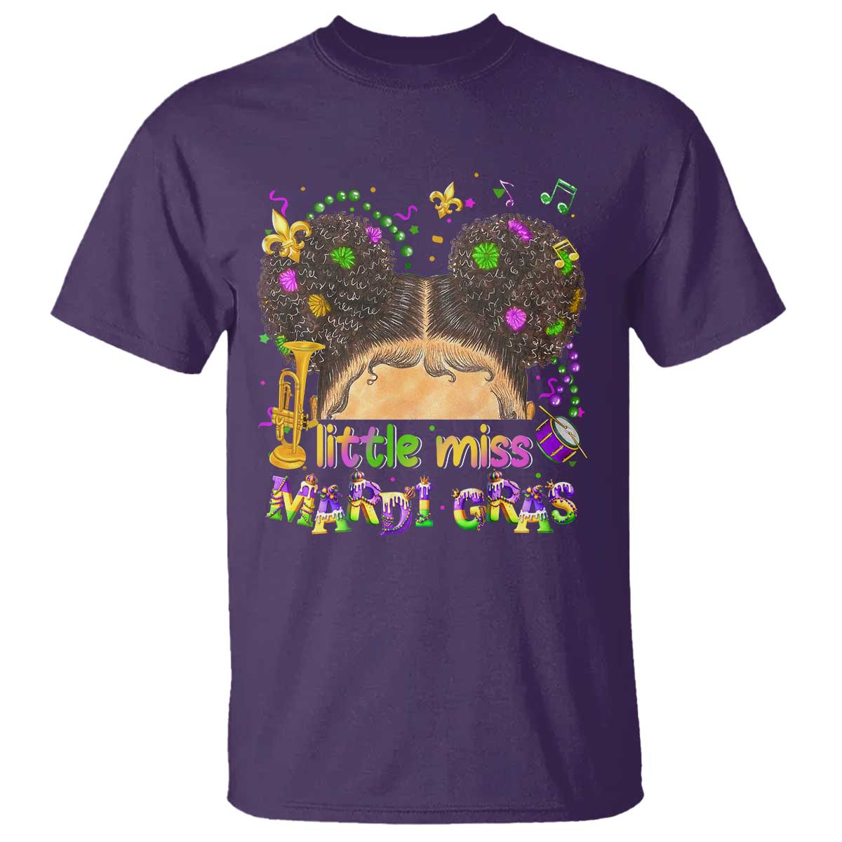Little Miss Mardi Gras Afro Messy Bun Girls T Shirt