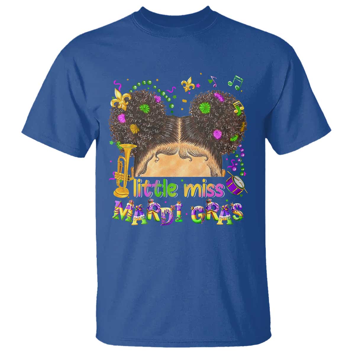 Little Miss Mardi Gras Afro Messy Bun Girls T Shirt