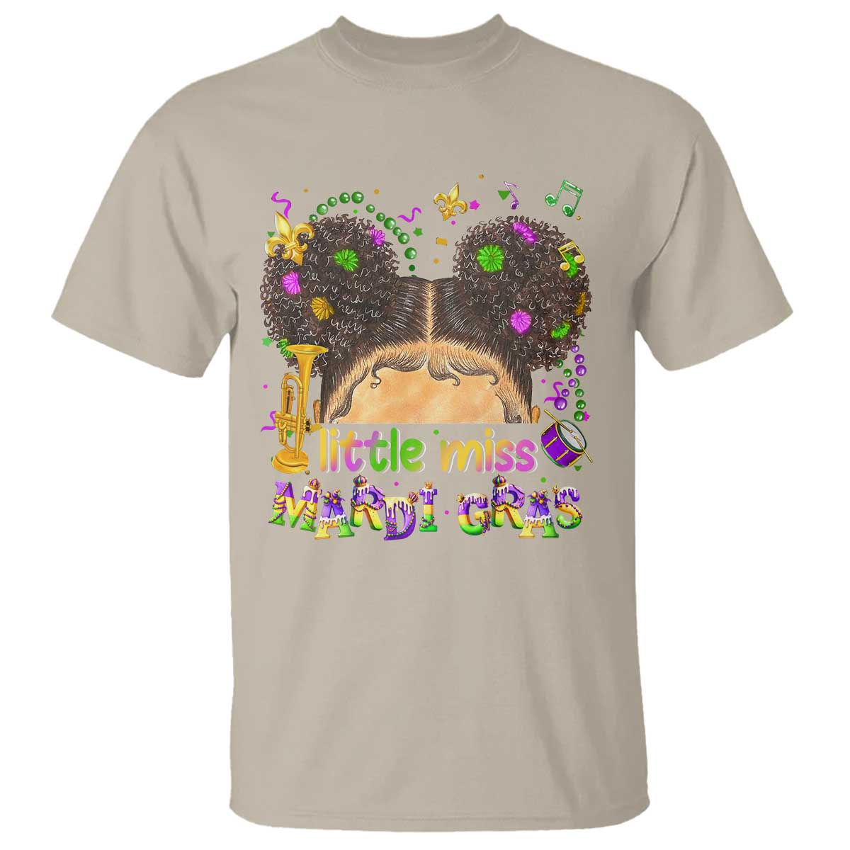 Little Miss Mardi Gras Afro Messy Bun Girls T Shirt