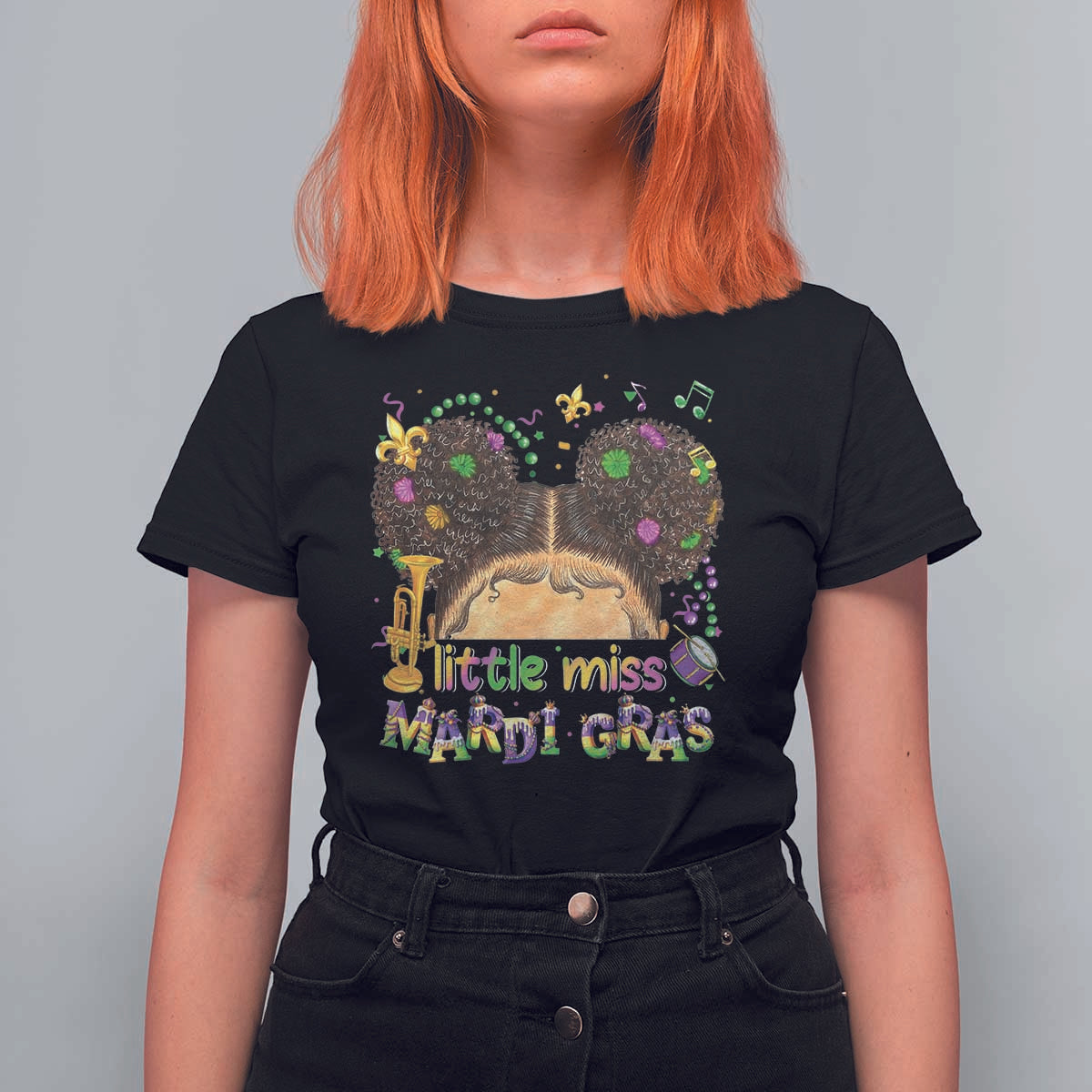 Little Miss Mardi Gras Afro Messy Bun Girls T Shirt For Women
