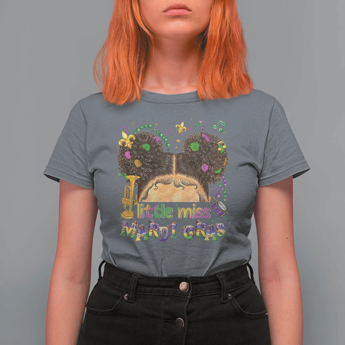 Little Miss Mardi Gras Afro Messy Bun Girls T Shirt For Women