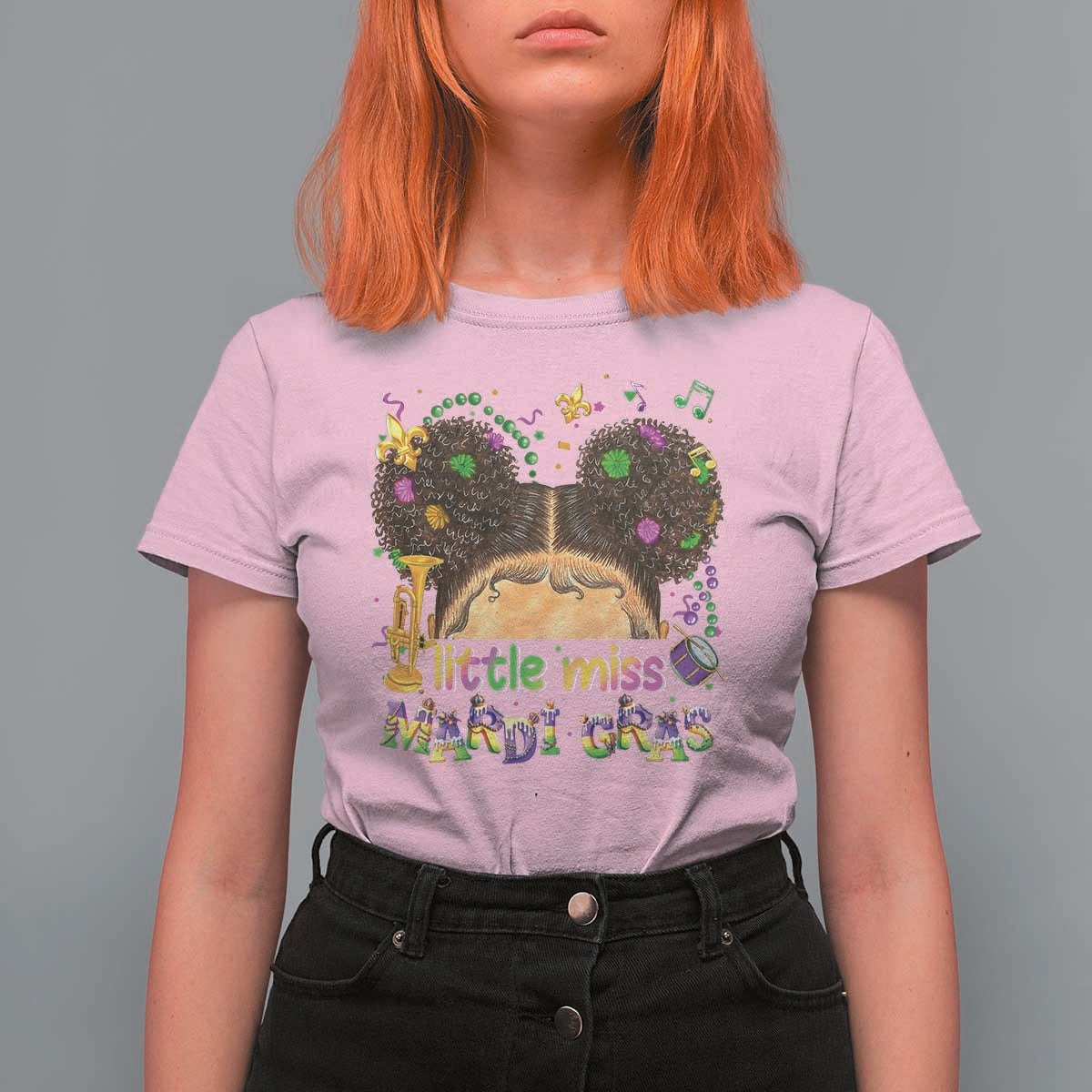 Little Miss Mardi Gras Afro Messy Bun Girls T Shirt For Women
