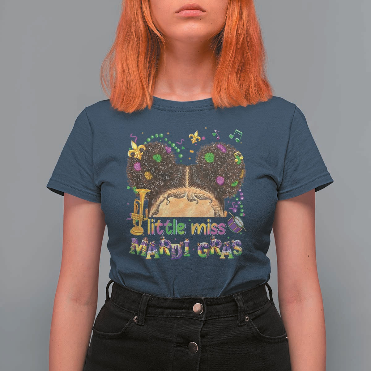 Little Miss Mardi Gras Afro Messy Bun Girls T Shirt For Women