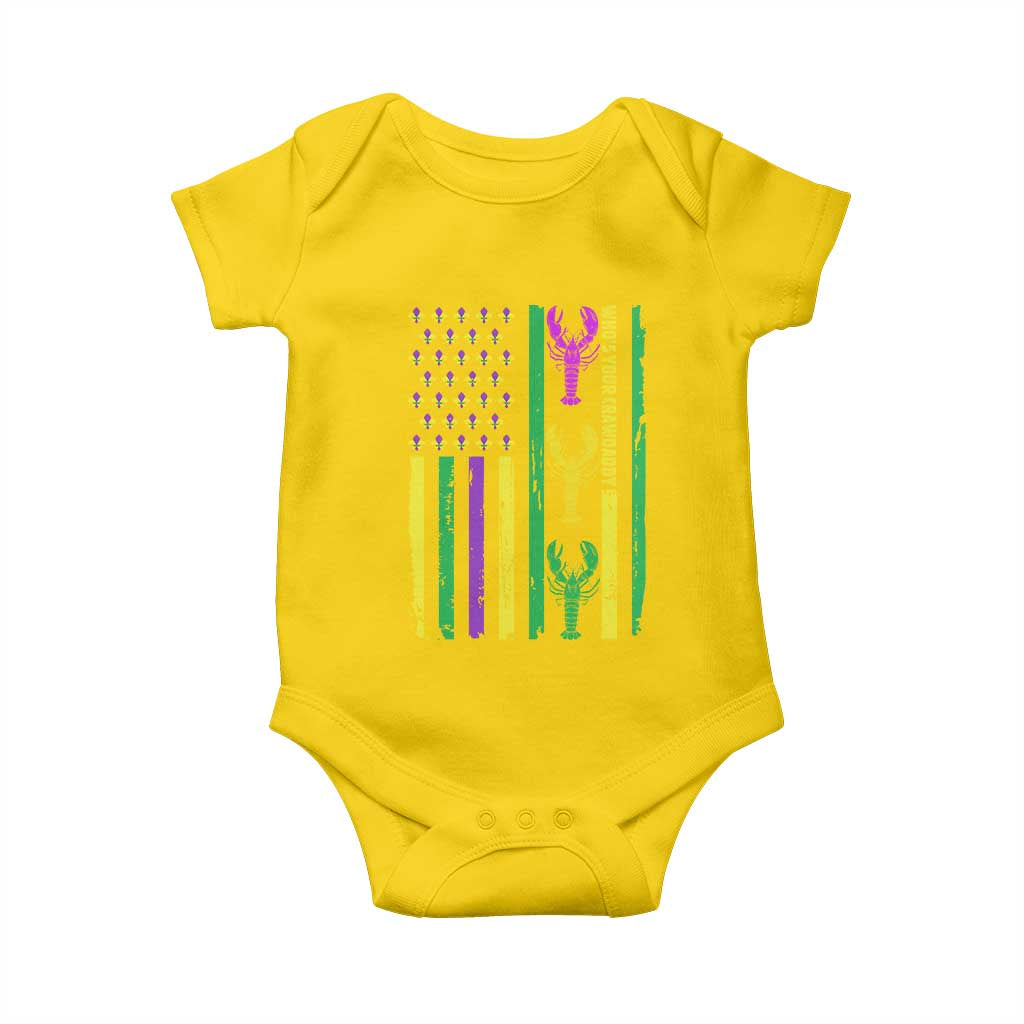 Funny Mardi Gras Crawfish Baby Onesie Whos Your Crawdaddy USA American Flag Carnival