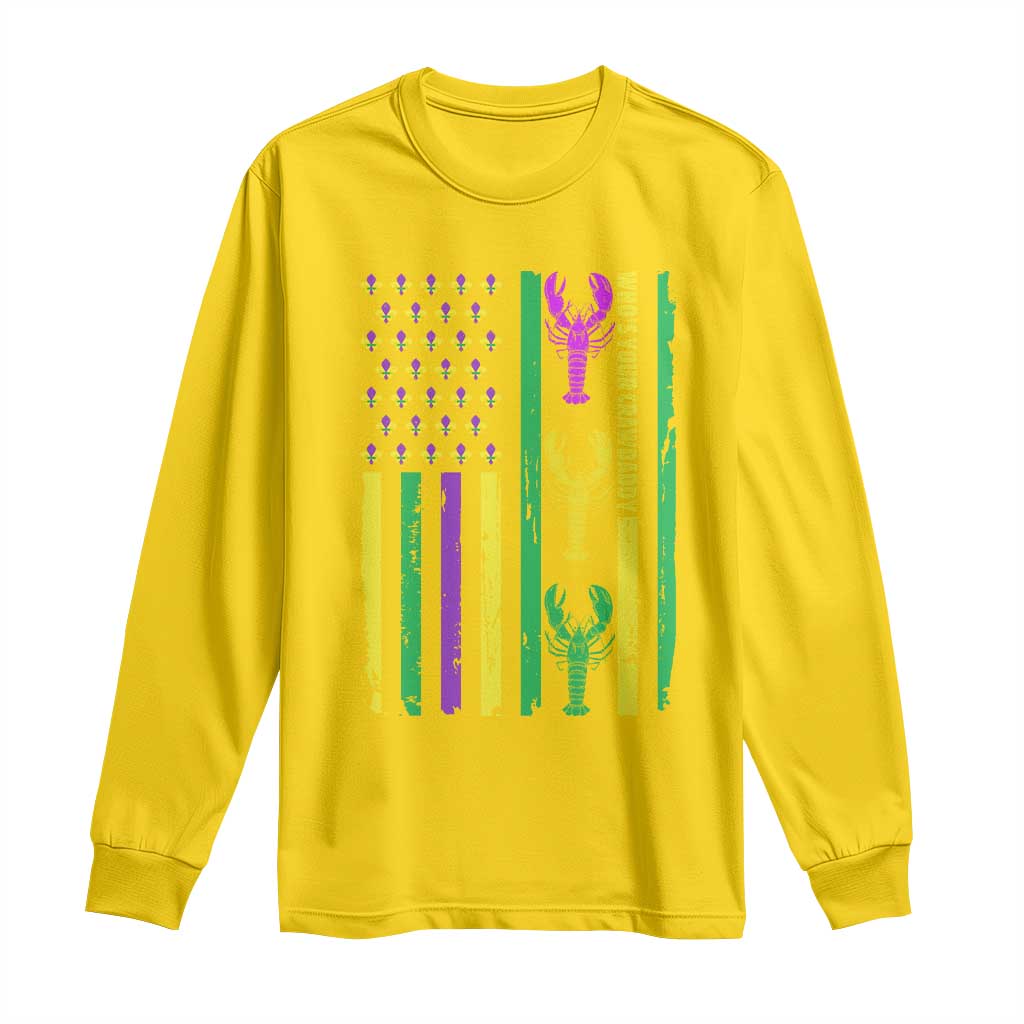 Funny Mardi Gras Crawfish Long Sleeve Shirt Whos Your Crawdaddy USA American Flag Carnival