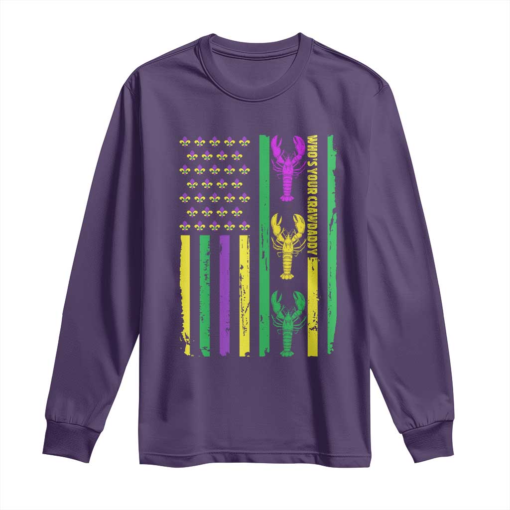 Funny Mardi Gras Crawfish Long Sleeve Shirt Whos Your Crawdaddy USA American Flag Carnival