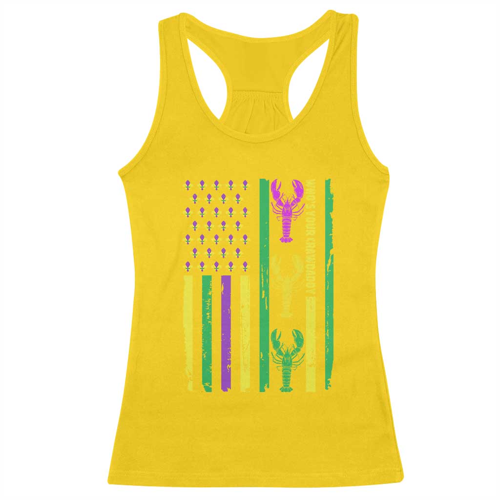 Funny Mardi Gras Crawfish Racerback Tank Top Whos Your Crawdaddy USA American Flag Carnival