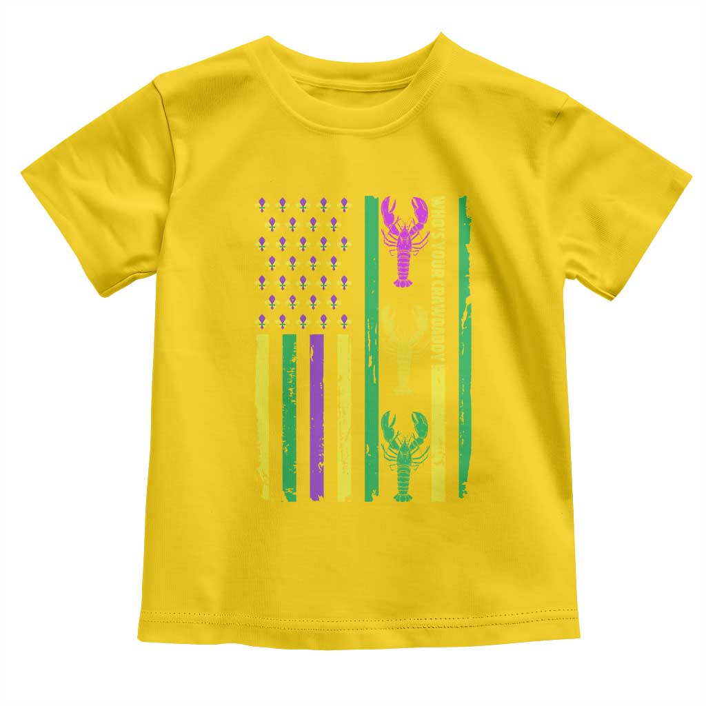 Funny Mardi Gras Crawfish Toddler T Shirt Whos Your Crawdaddy USA American Flag Carnival