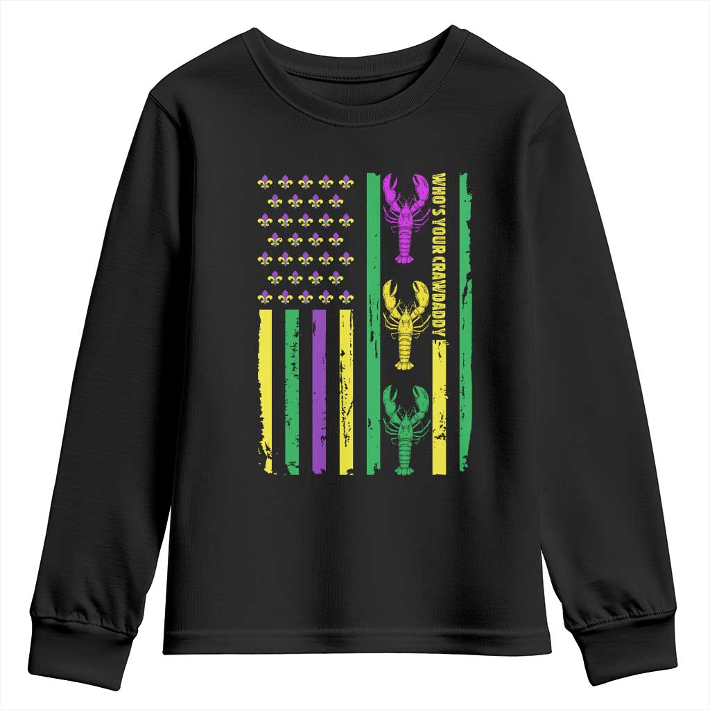 Funny Mardi Gras Crawfish Youth Sweatshirt Whos Your Crawdaddy USA American Flag Carnival