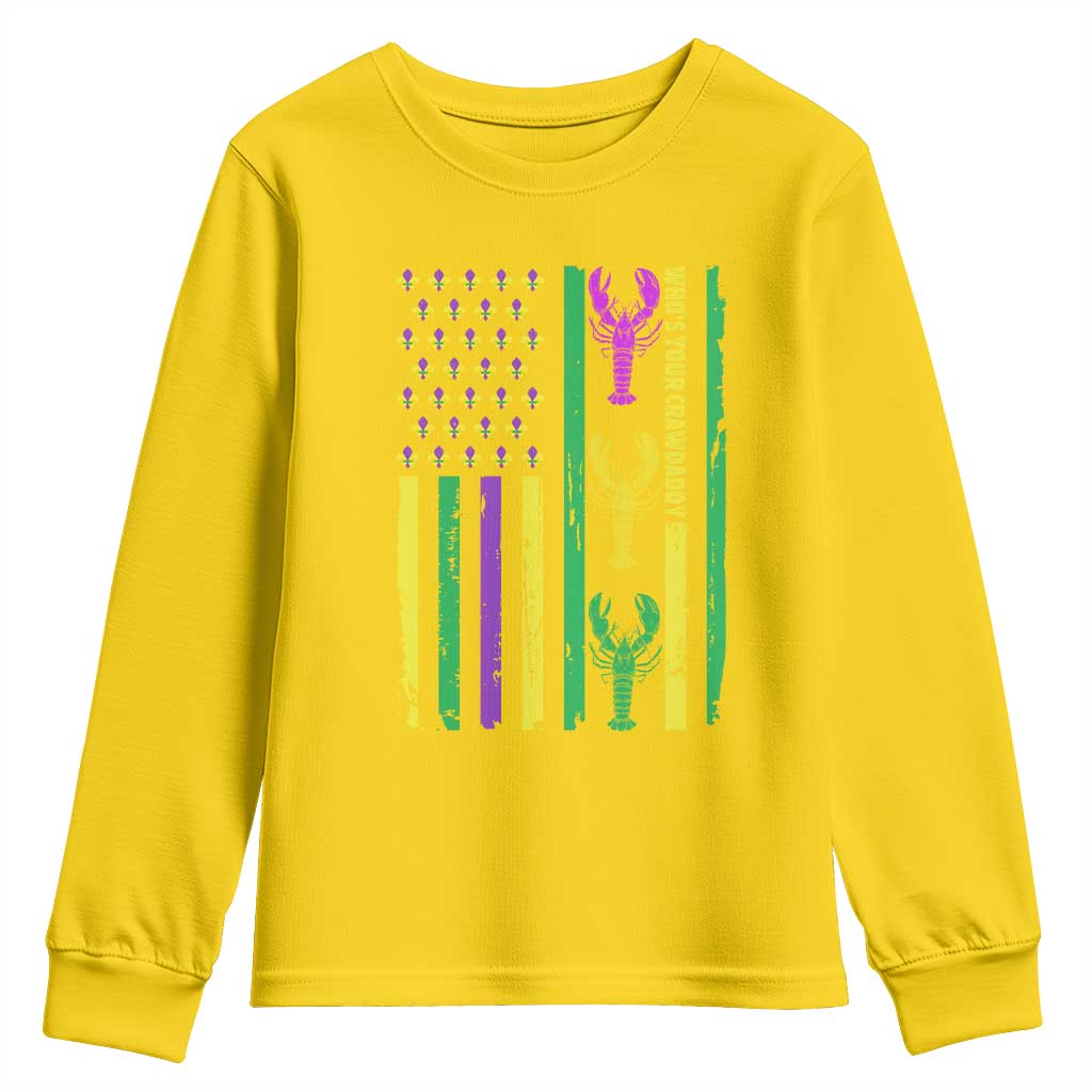 Funny Mardi Gras Crawfish Youth Sweatshirt Whos Your Crawdaddy USA American Flag Carnival