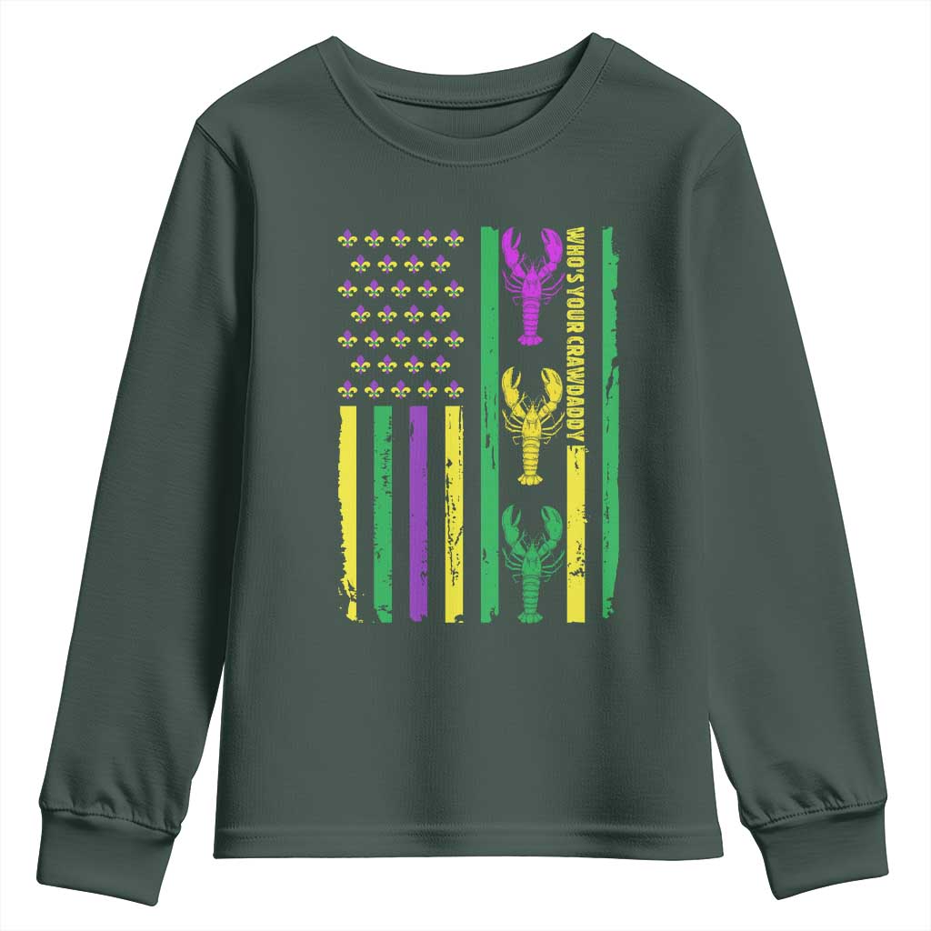 Funny Mardi Gras Crawfish Youth Sweatshirt Whos Your Crawdaddy USA American Flag Carnival