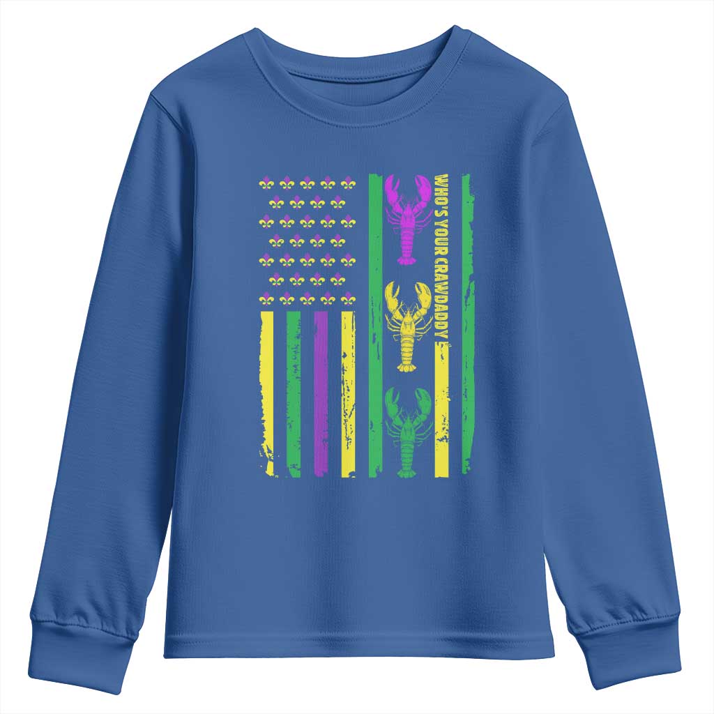 Funny Mardi Gras Crawfish Youth Sweatshirt Whos Your Crawdaddy USA American Flag Carnival