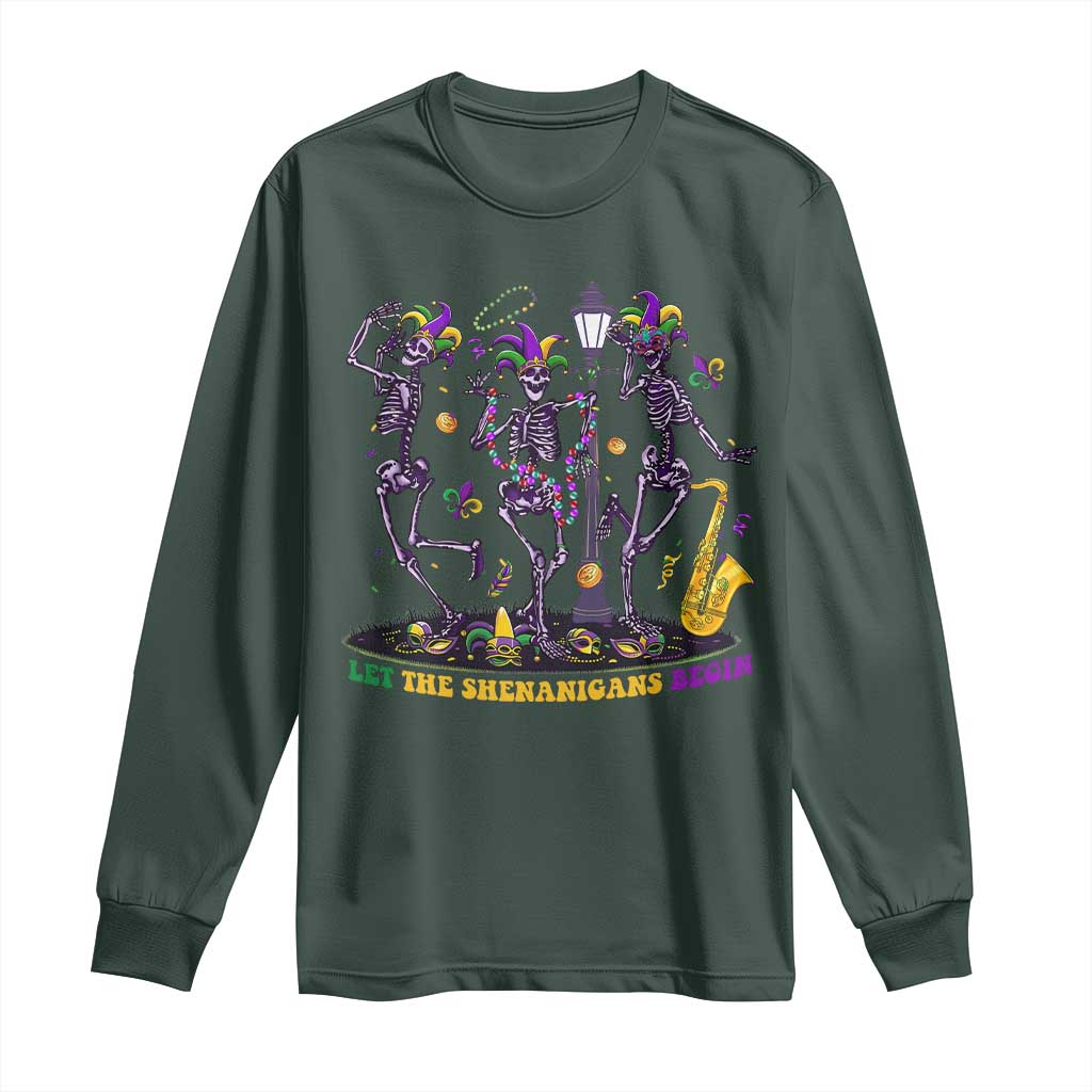 Funny Mardi Gras Long Sleeve Shirt Dancing Skeleton Let The Shenanigans Begin
