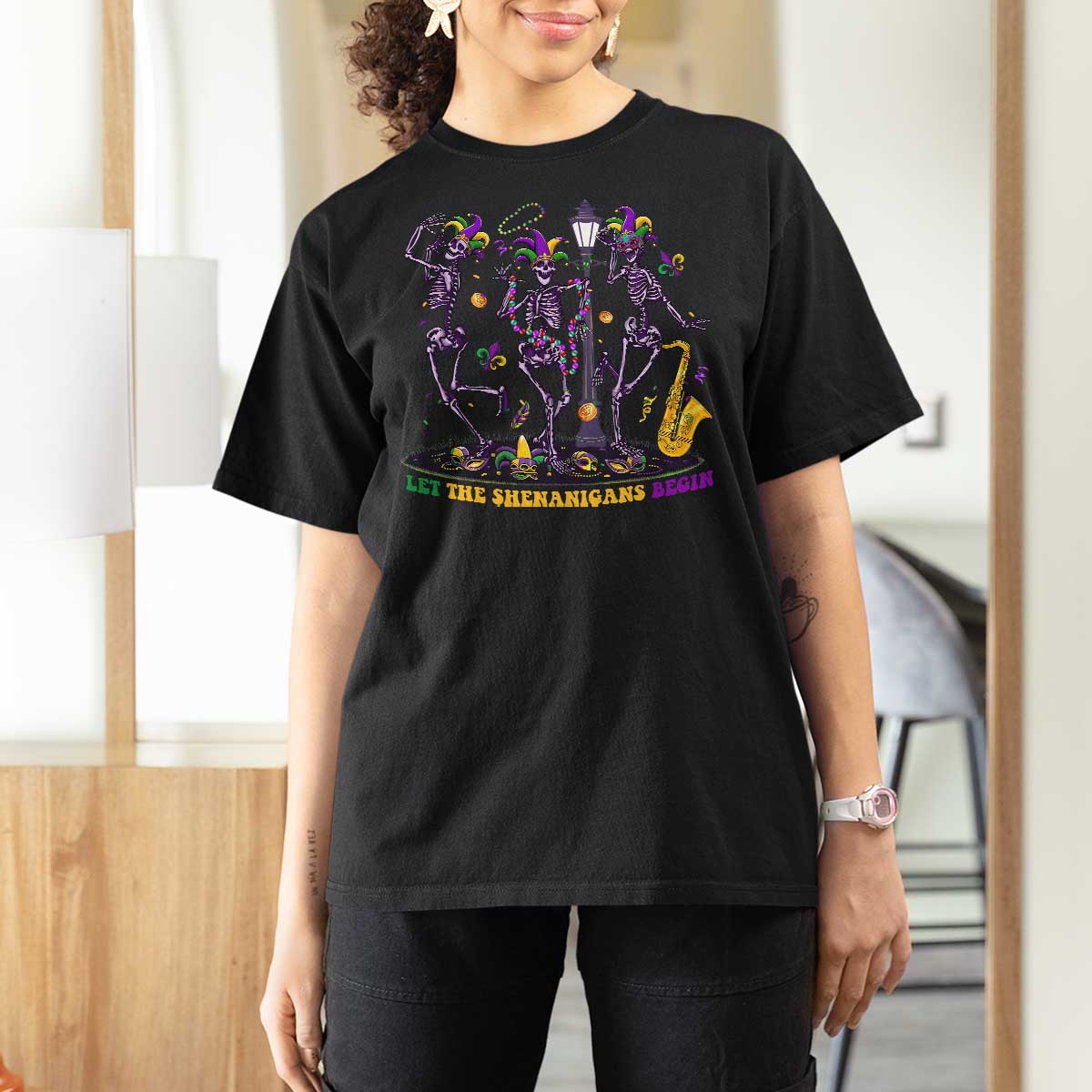 Funny Mardi Gras T Shirt For Women Dancing Skeleton Let The Shenanigans Begin