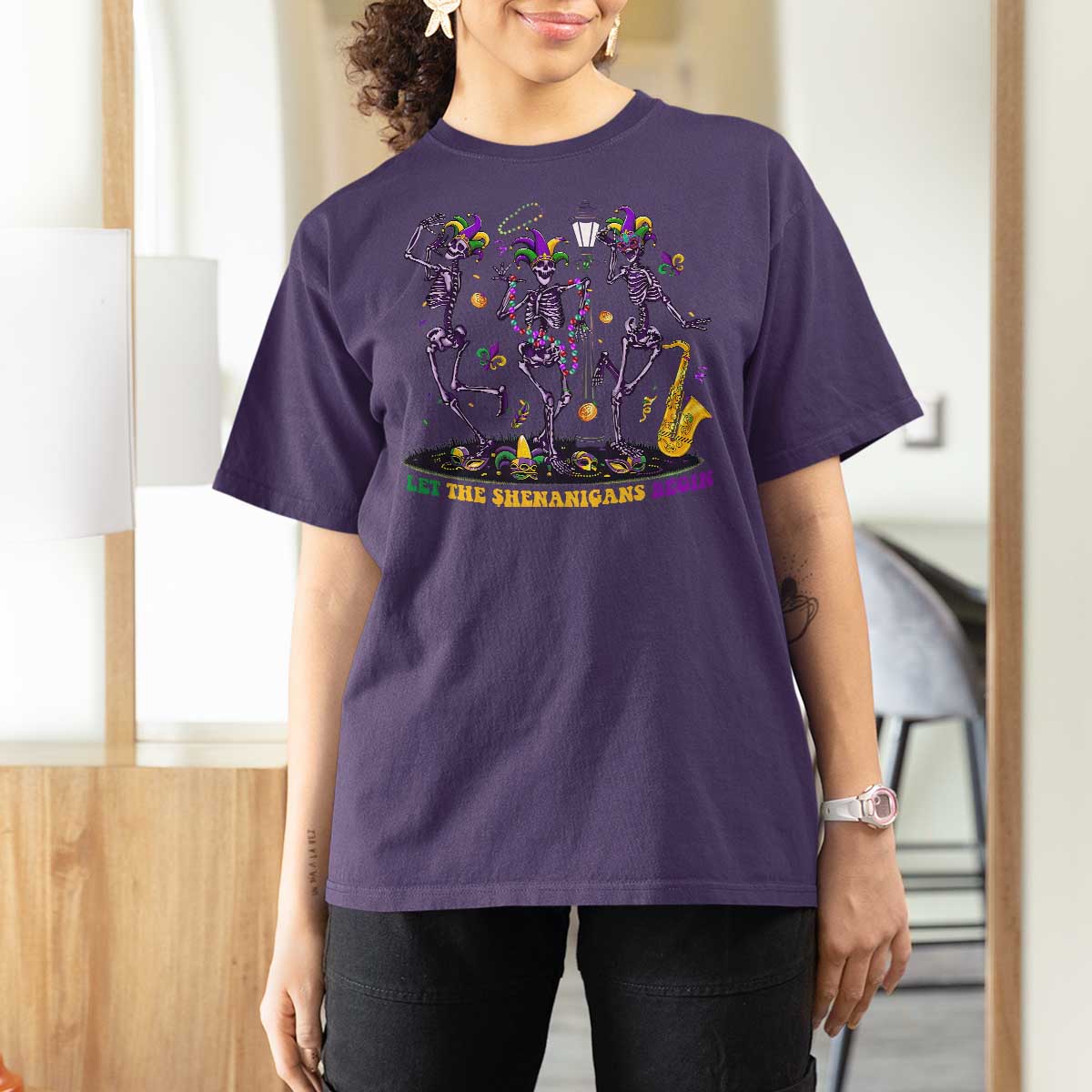 Funny Mardi Gras T Shirt For Women Dancing Skeleton Let The Shenanigans Begin