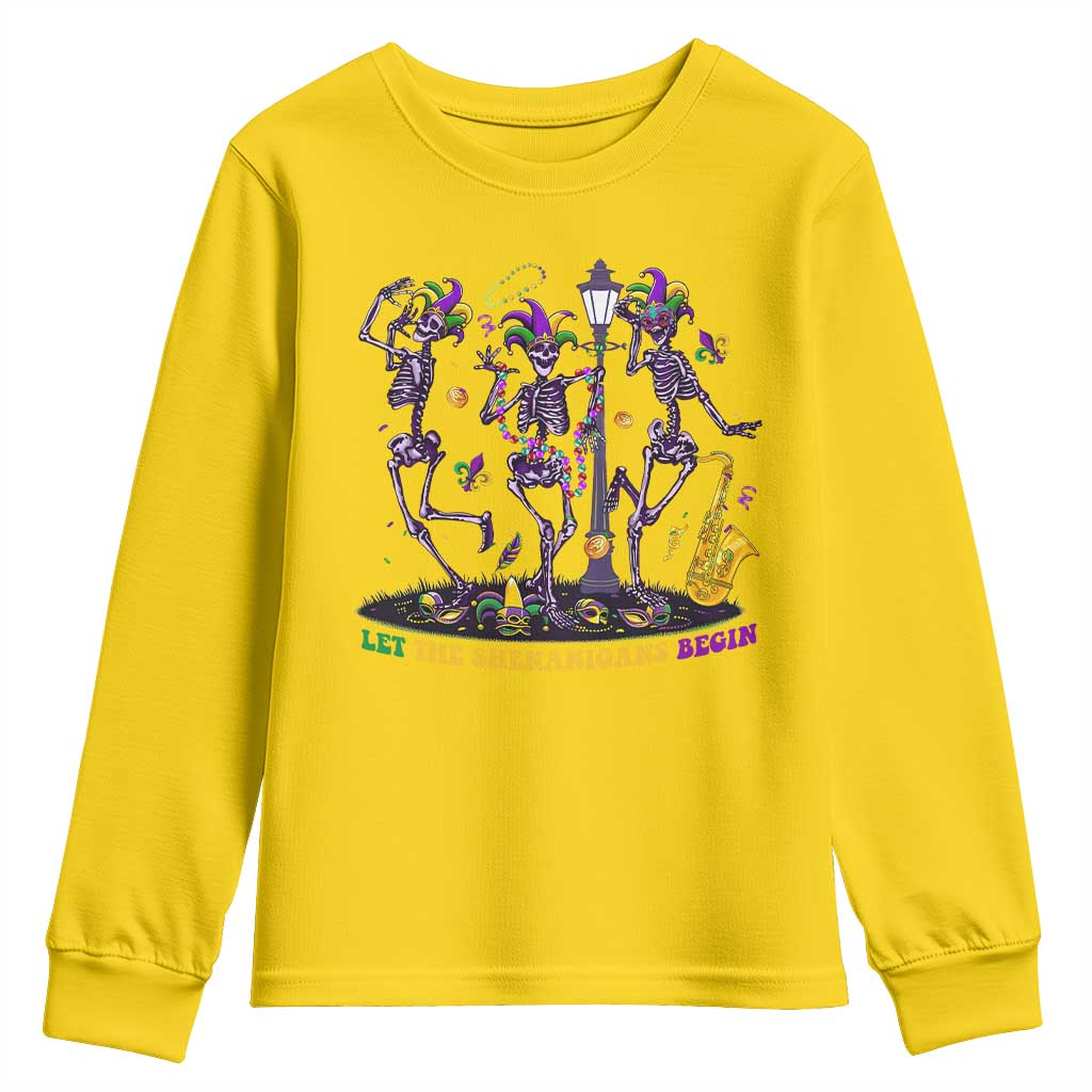 Funny Mardi Gras Youth Sweatshirt Dancing Skeleton Let The Shenanigans Begin