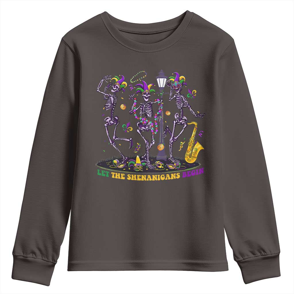 Funny Mardi Gras Youth Sweatshirt Dancing Skeleton Let The Shenanigans Begin