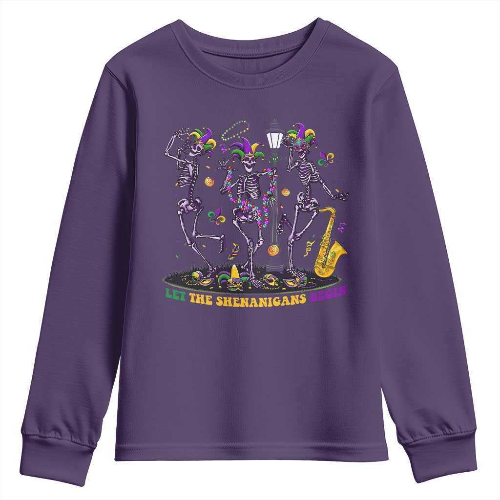 Funny Mardi Gras Youth Sweatshirt Dancing Skeleton Let The Shenanigans Begin