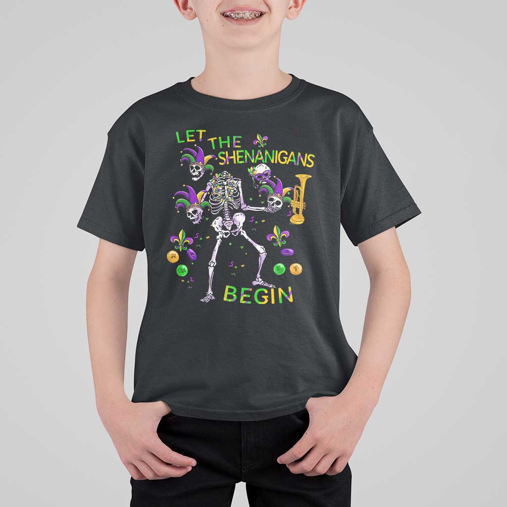Funny Mardi Gras T Shirt For Kid Let The Shenanigans Begin Juggling Skeleton