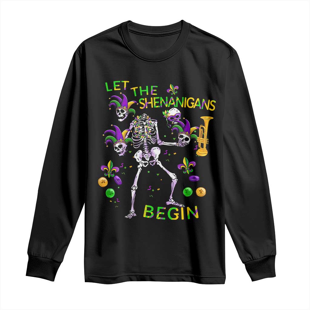 Funny Mardi Gras Long Sleeve Shirt Let The Shenanigans Begin Juggling Skeleton