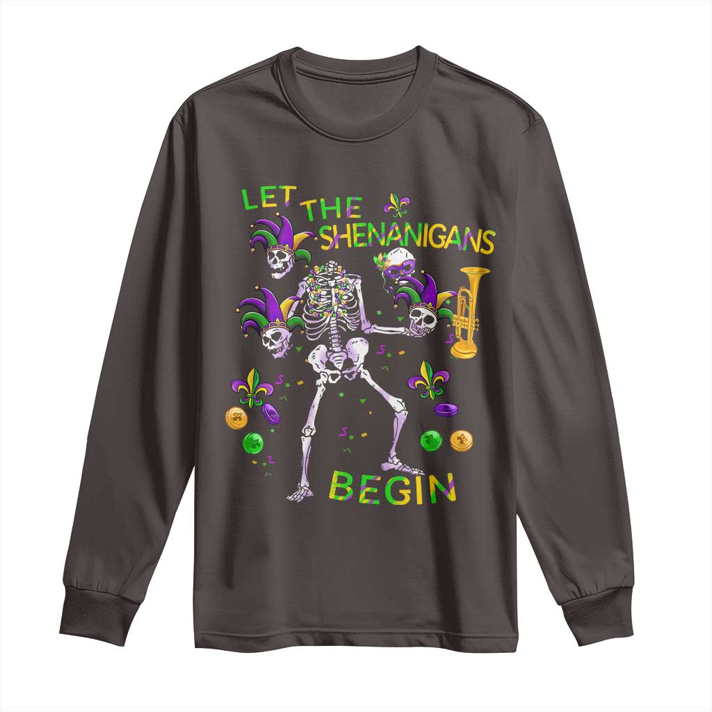 Funny Mardi Gras Long Sleeve Shirt Let The Shenanigans Begin Juggling Skeleton