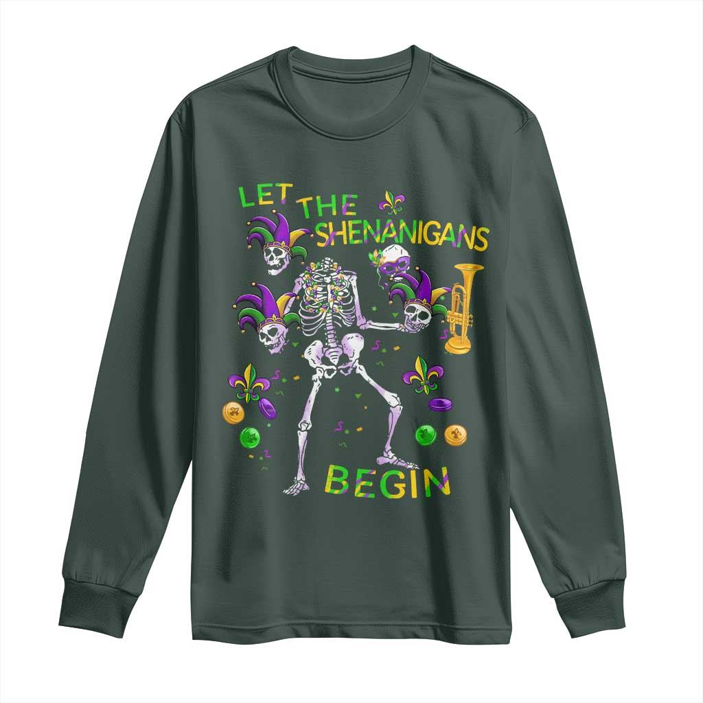 Funny Mardi Gras Long Sleeve Shirt Let The Shenanigans Begin Juggling Skeleton