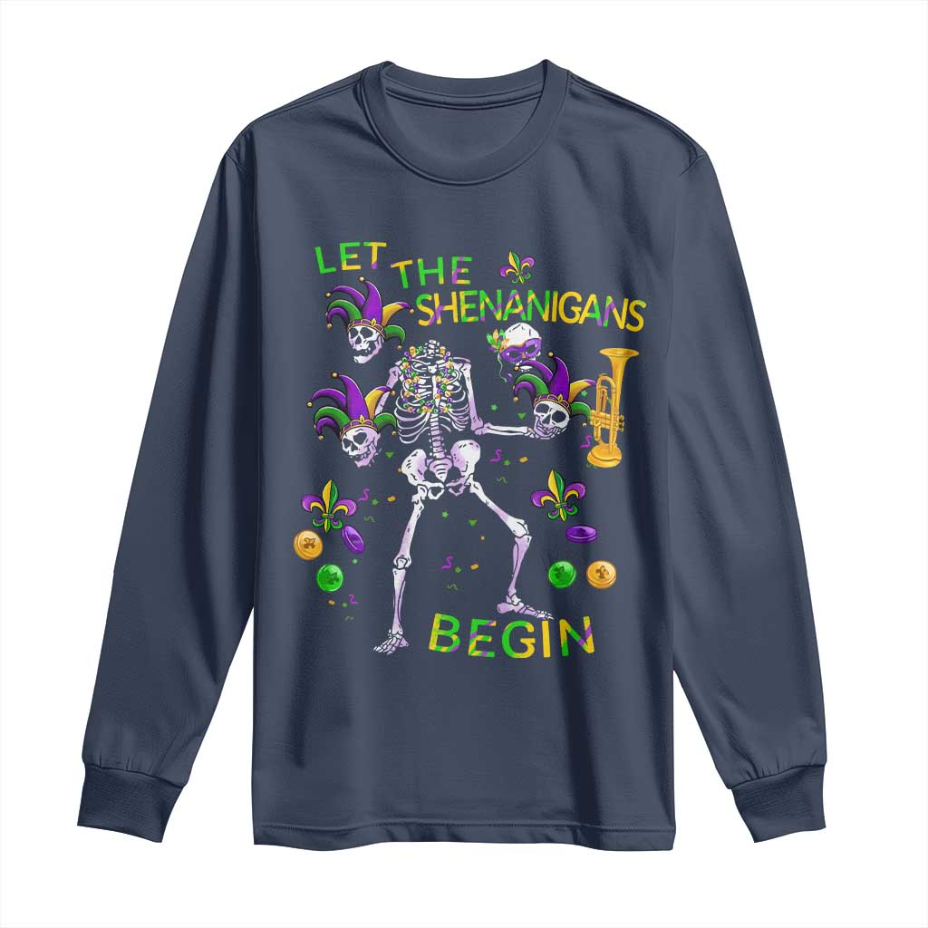 Funny Mardi Gras Long Sleeve Shirt Let The Shenanigans Begin Juggling Skeleton