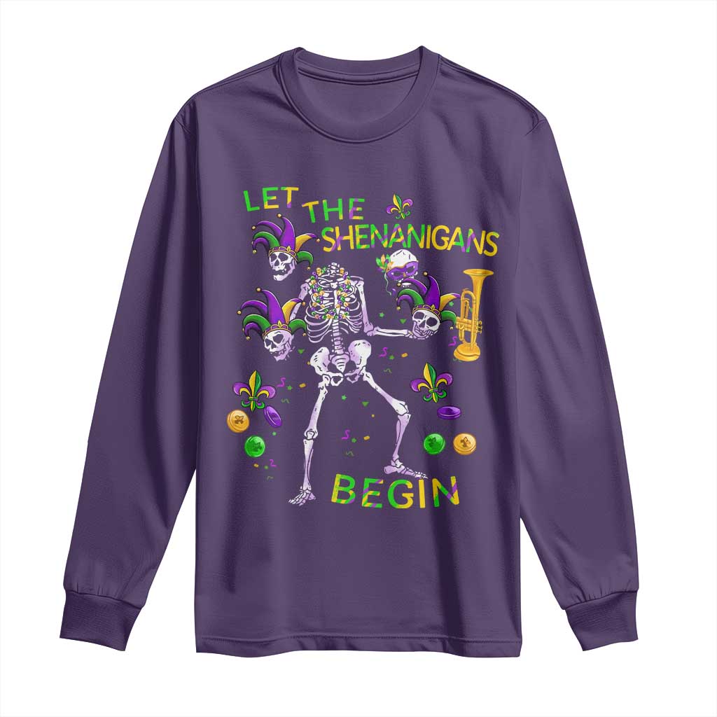 Funny Mardi Gras Long Sleeve Shirt Let The Shenanigans Begin Juggling Skeleton