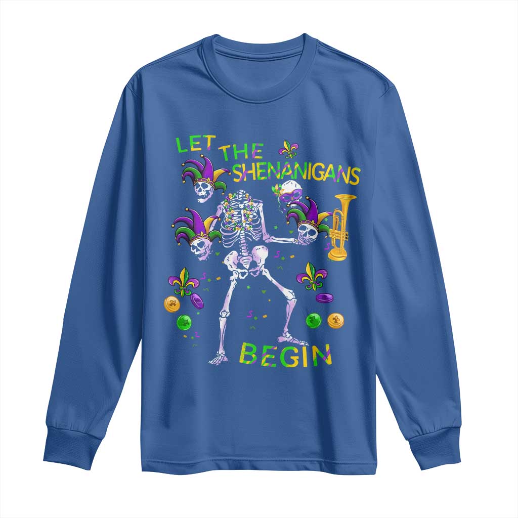 Funny Mardi Gras Long Sleeve Shirt Let The Shenanigans Begin Juggling Skeleton