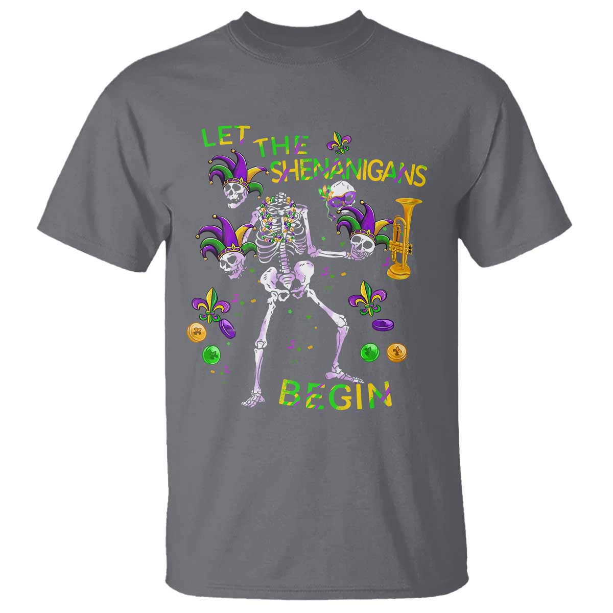 Funny Mardi Gras T Shirt Let The Shenanigans Begin Juggling Skeleton