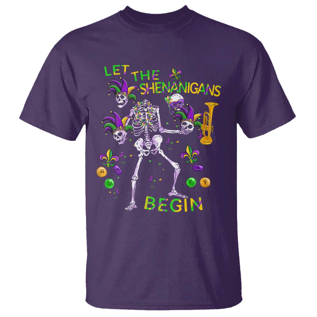 Funny Mardi Gras T Shirt Let The Shenanigans Begin Juggling Skeleton