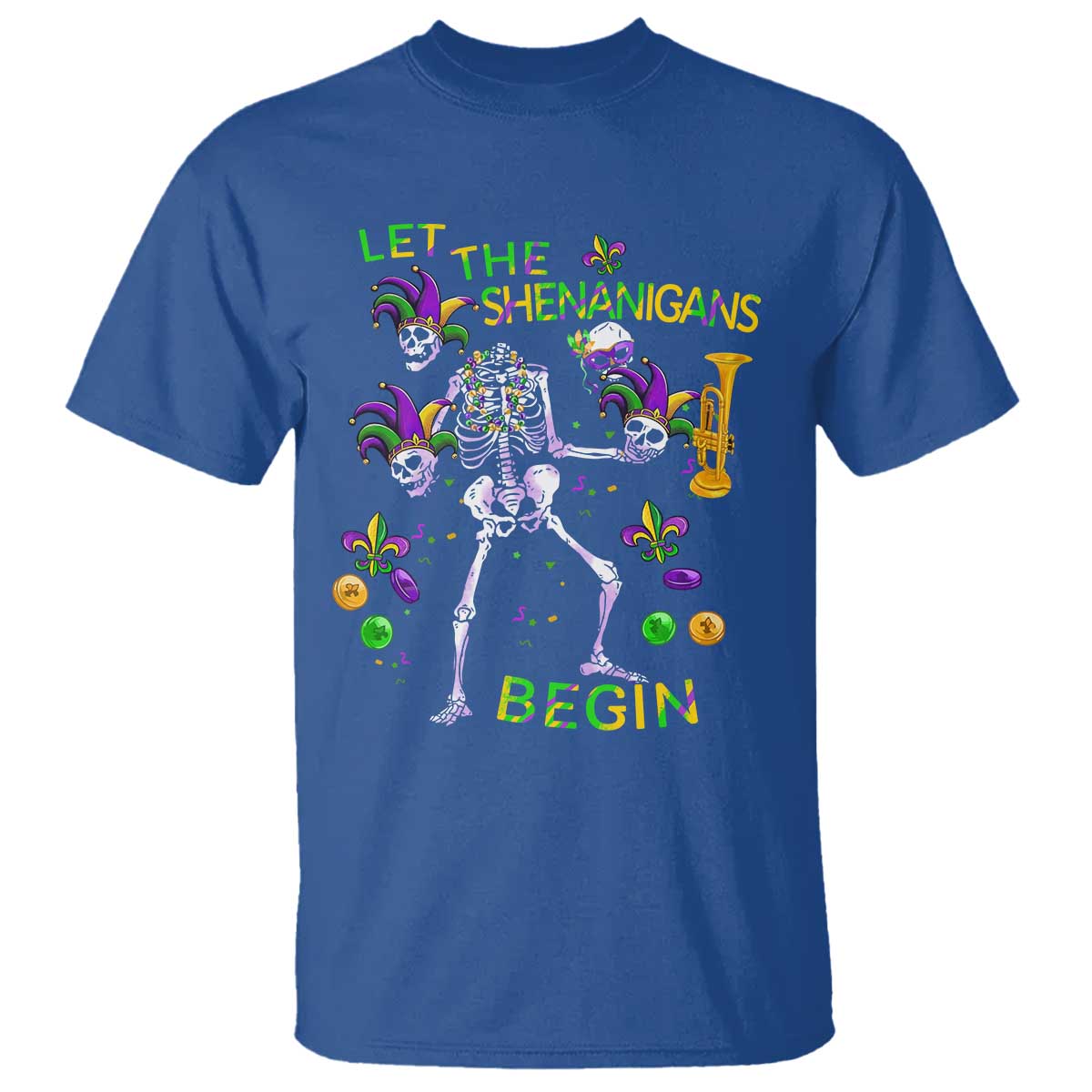 Funny Mardi Gras T Shirt Let The Shenanigans Begin Juggling Skeleton